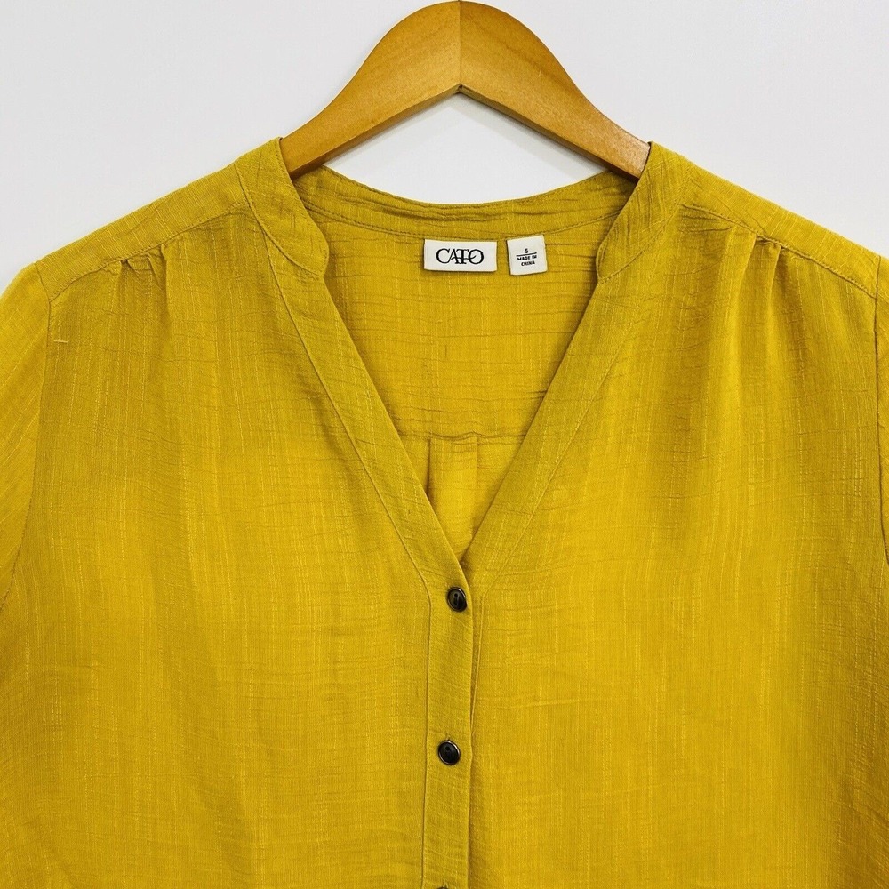 Cato Womens Blouse Top Small Yellow Cap Sleeve V-Neck Button-up - Picture 2 of 9